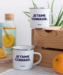 Mug blanc Duo en métal Je t'aime Connard Je t'aime Connasse